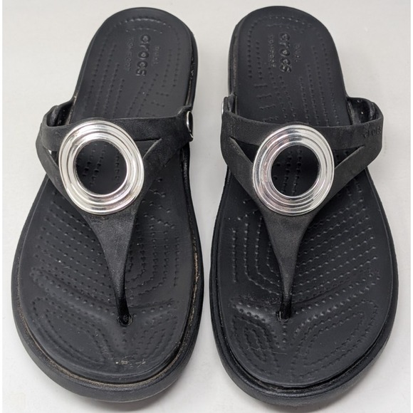 Crocs Sanrah Ringed Silver Circle Thong Black Wedge‎ Sandals Women's Size 11 - Picture 1 of 6